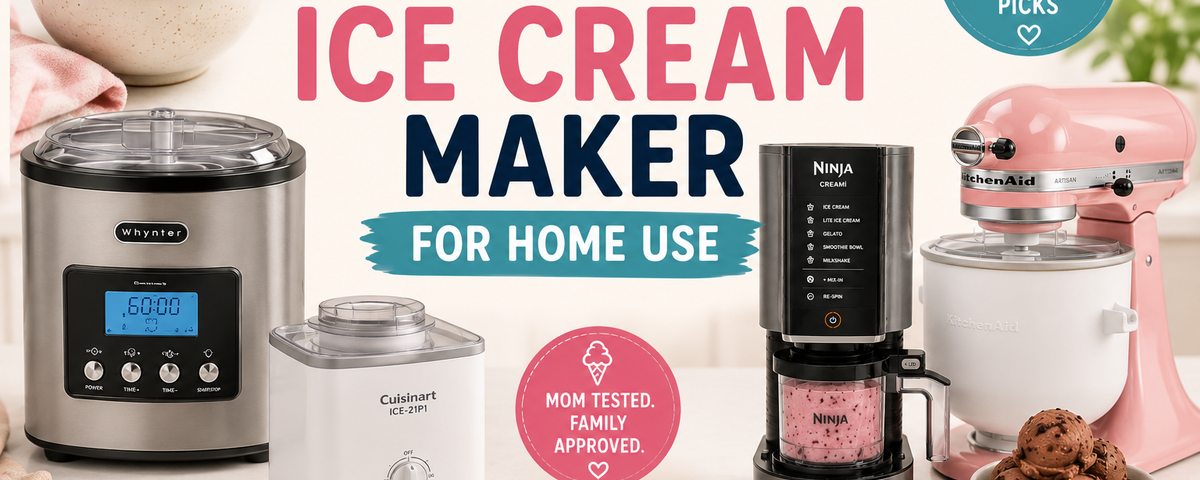 Preview image featuring the best ice cream makers for home use, including Whynter, Ninja Creami, Cuisinart, and KitchenAid machines with homemade ice cream bowls in a bright modern kitchen and family-friendly comparison design.