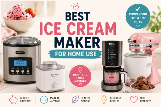 Preview image featuring the best ice cream makers for home use, including Whynter, Ninja Creami, Cuisinart, and KitchenAid machines with homemade ice cream bowls in a bright modern kitchen and family-friendly comparison design.