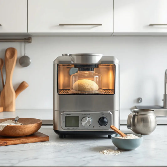 Modern bread making machine on a kitchen counter with flour and dough ingredients nearby