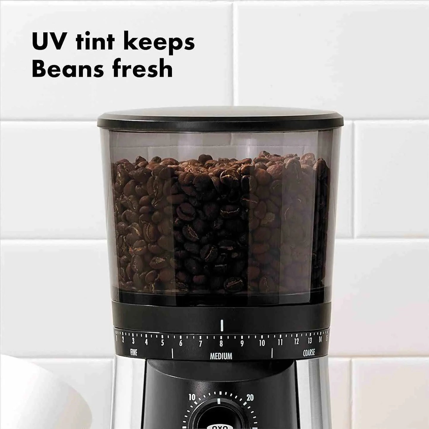 OXO Brew Conical Burr Coffee Grinder with stainless steel burrs and 15 grind settings