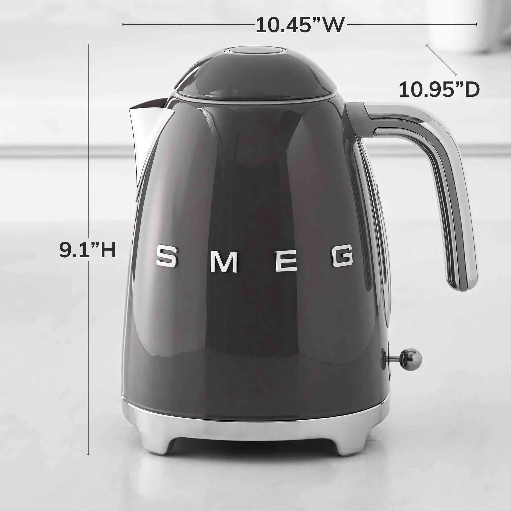 SMEG Electric Kettle with 360˚ swivel base, auto-shutoff, water-level indicators, gentle steam release, and removable limescale filter