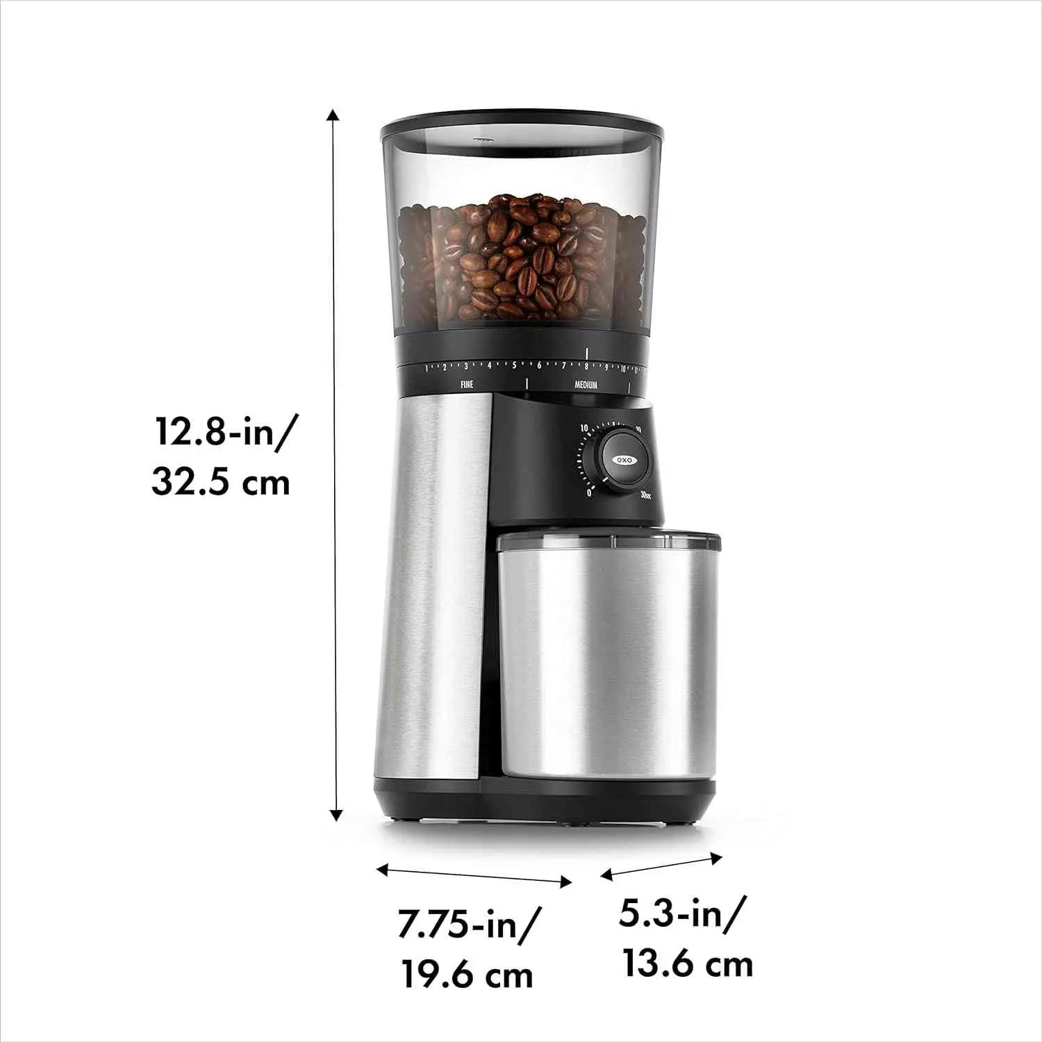 OXO Brew Conical Burr Coffee Grinder with stainless steel burrs and 15 grind settings