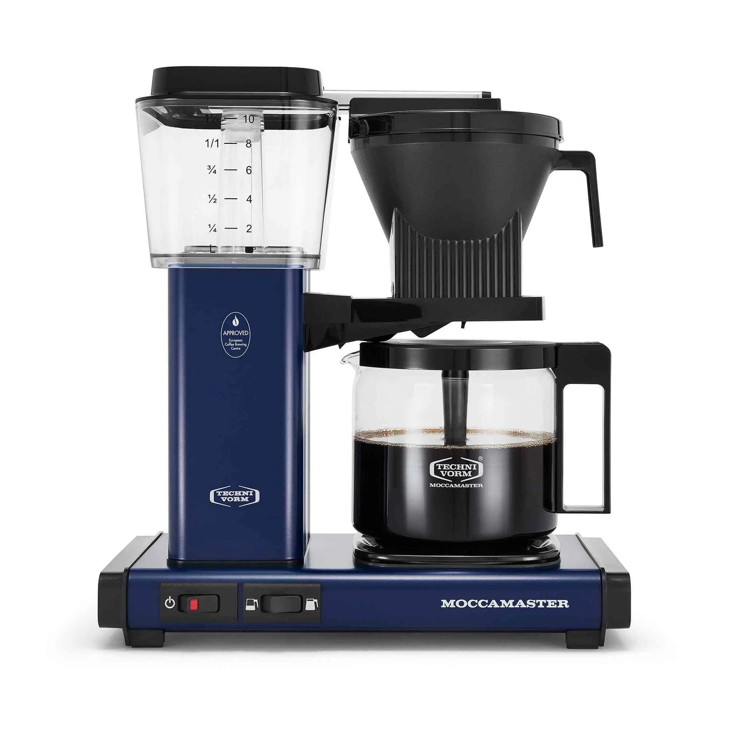 Technivorm Moccamaster KBGV coffee maker brewing with 10-cup glass carafe and brew-volume selector switch