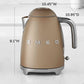 SMEG electric kettle with 360˚ swivel base, auto-shutoff, water-level indicators, steam release, and removable limescale filter