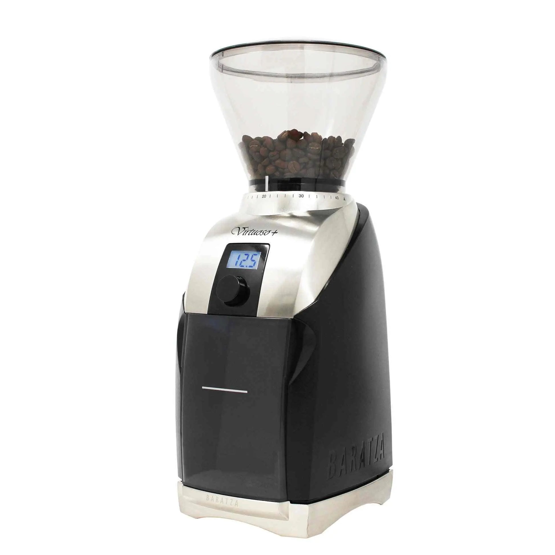 Baratza Virtuoso+ conical burr coffee grinder with digital timer and 40 grind settings for precise brewing.