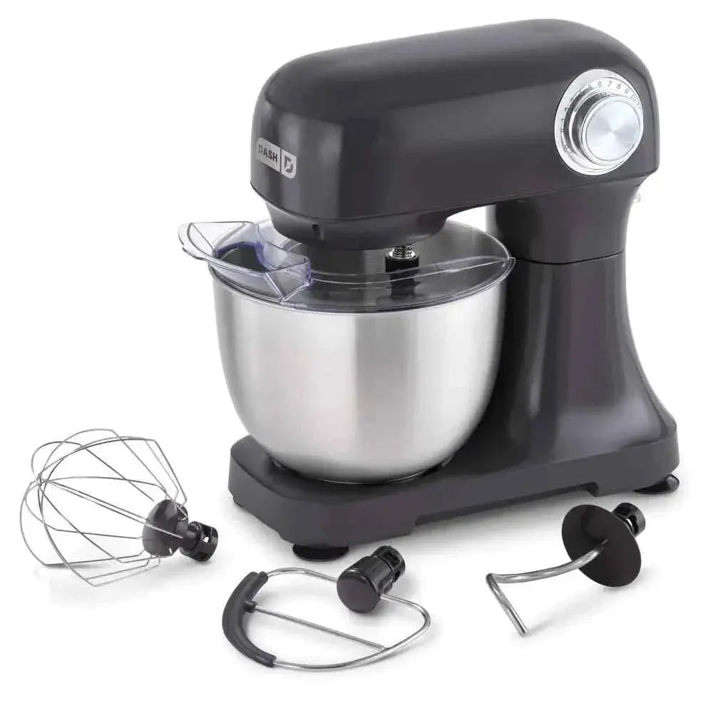 Dash Tilt Head 3.5qt cream stand mixer with 12 speeds and 3 attachments including paddle, dough hook, and whisk