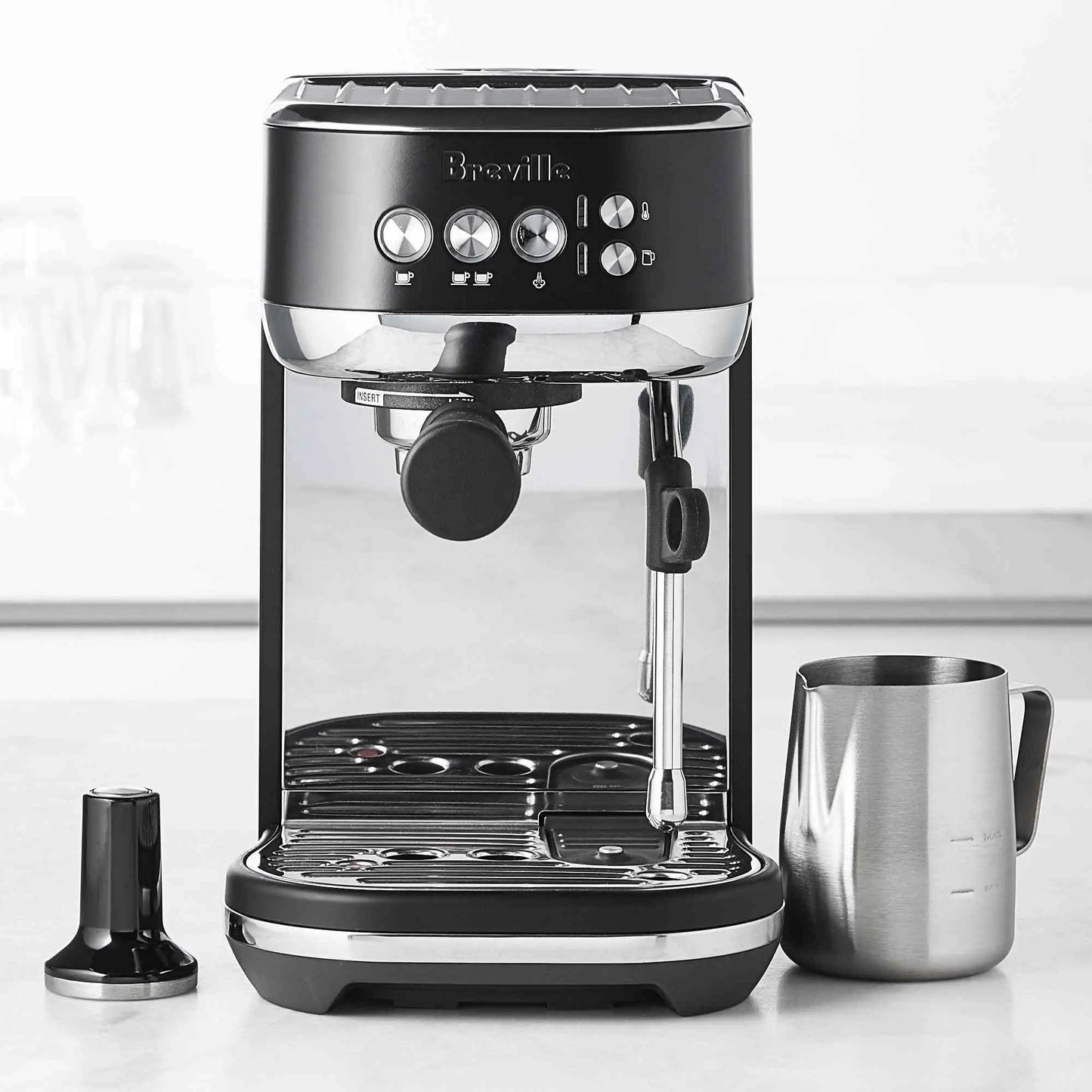 Breville Bambino Plus espresso machine brushed stainless steel compact design with automatic microfoam texturing