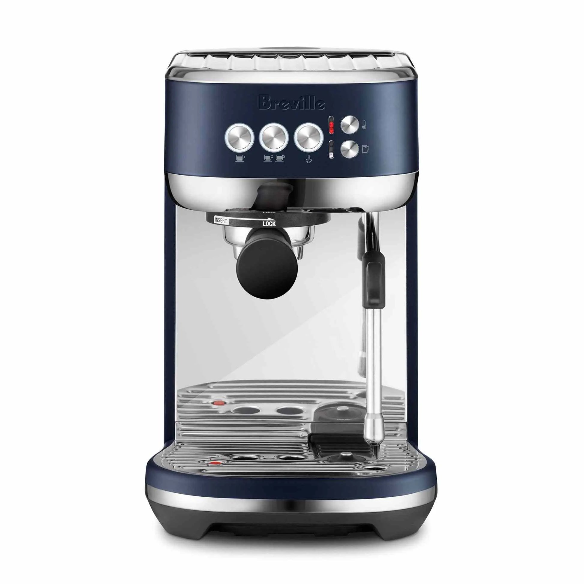 Breville Bambino Plus espresso machine in brushed stainless steel with programmable controls and Thermojet heating system