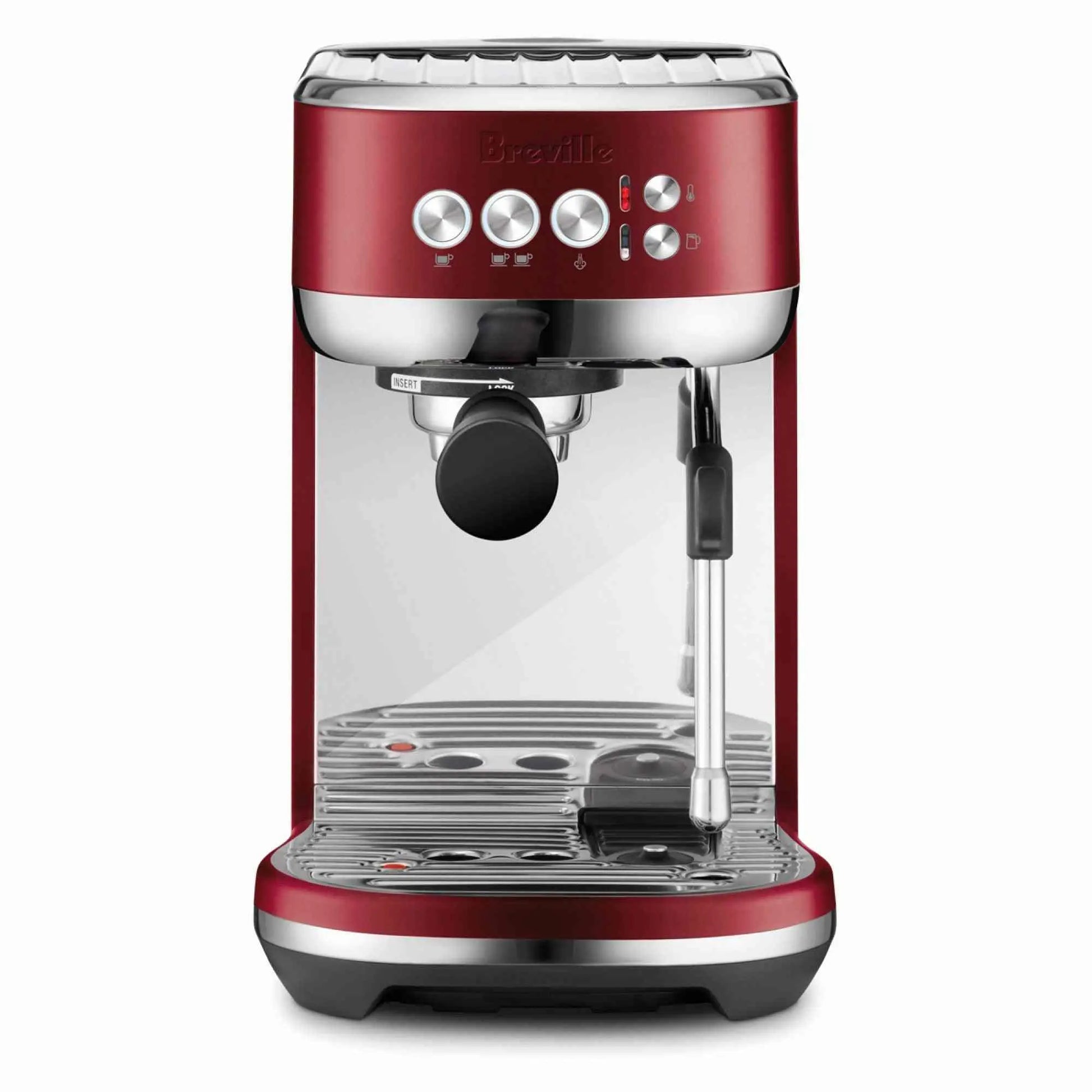 Breville Bambino Plus espresso machine in brushed stainless steel with compact design and automatic microfoam frothing.