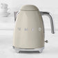 SMEG Electric Kettle with 360-degree swivel base, auto shutoff, water-level indicators, gentle steam release, and removable limescale filter.