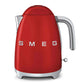 SMEG Electric Kettle with 360-degree swivel base, auto-shutoff, water-level indicators, steam-release lid, and removable limescale filter