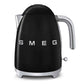 SMEG electric kettle with 360˚ swivel base, auto-shutoff, water-level indicators, gentle steam release, and removable limescale filter