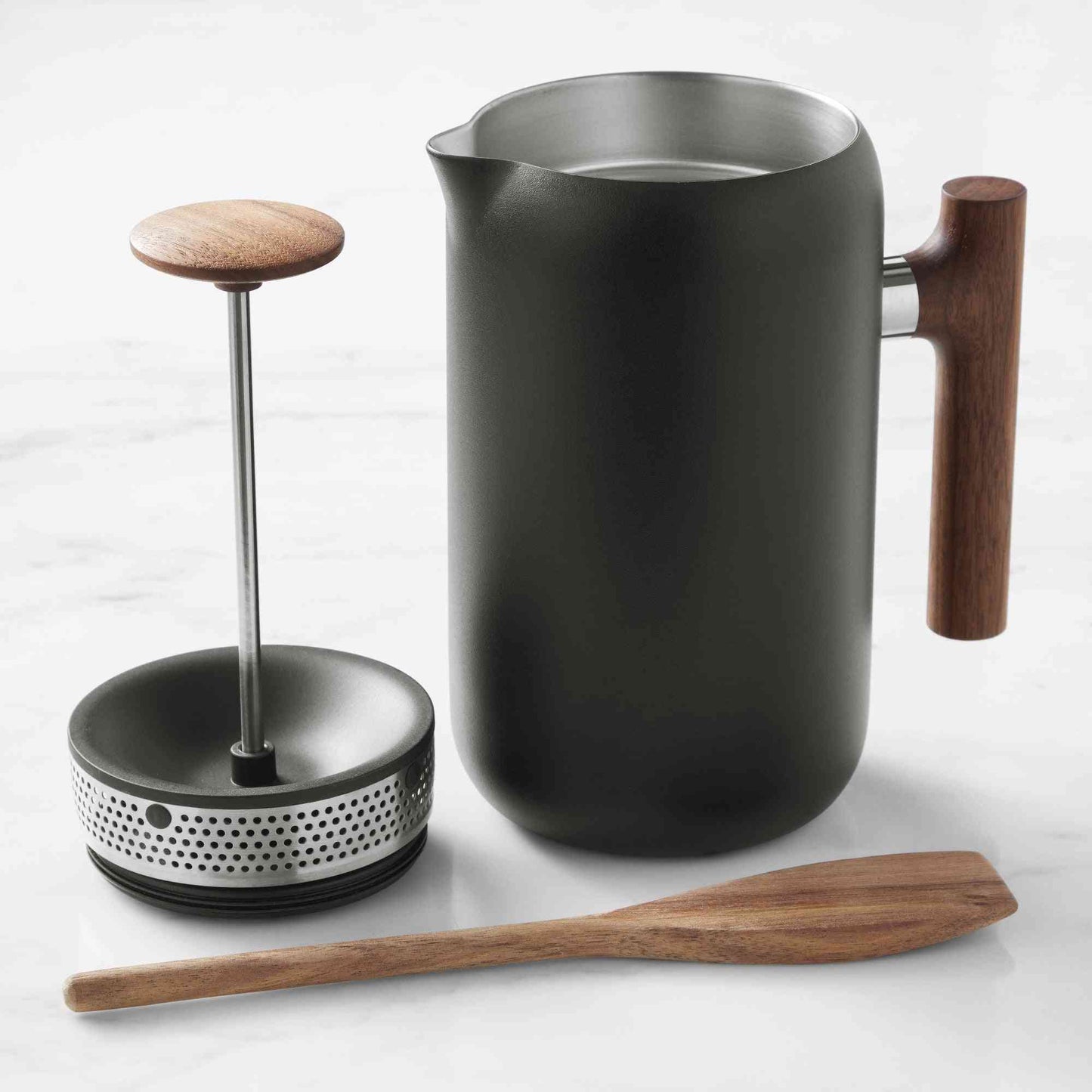 Fellow Clara Insulated Coffee Maker 24 oz stainless steel French press with enhanced filtration system and pour lid.