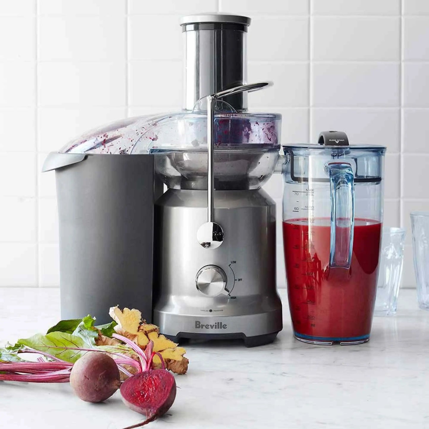 Breville Juice Fountain Cold Juicer silver model with 70-oz jug and Cold Spin Technology for nutrient-rich juice extraction