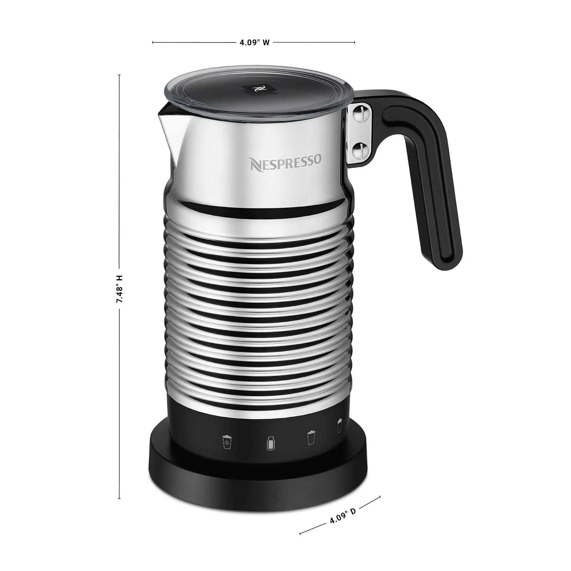 Nespresso Aeroccino 4 silver milk frother with ergonomic handle and dishwasher-safe chrome jug