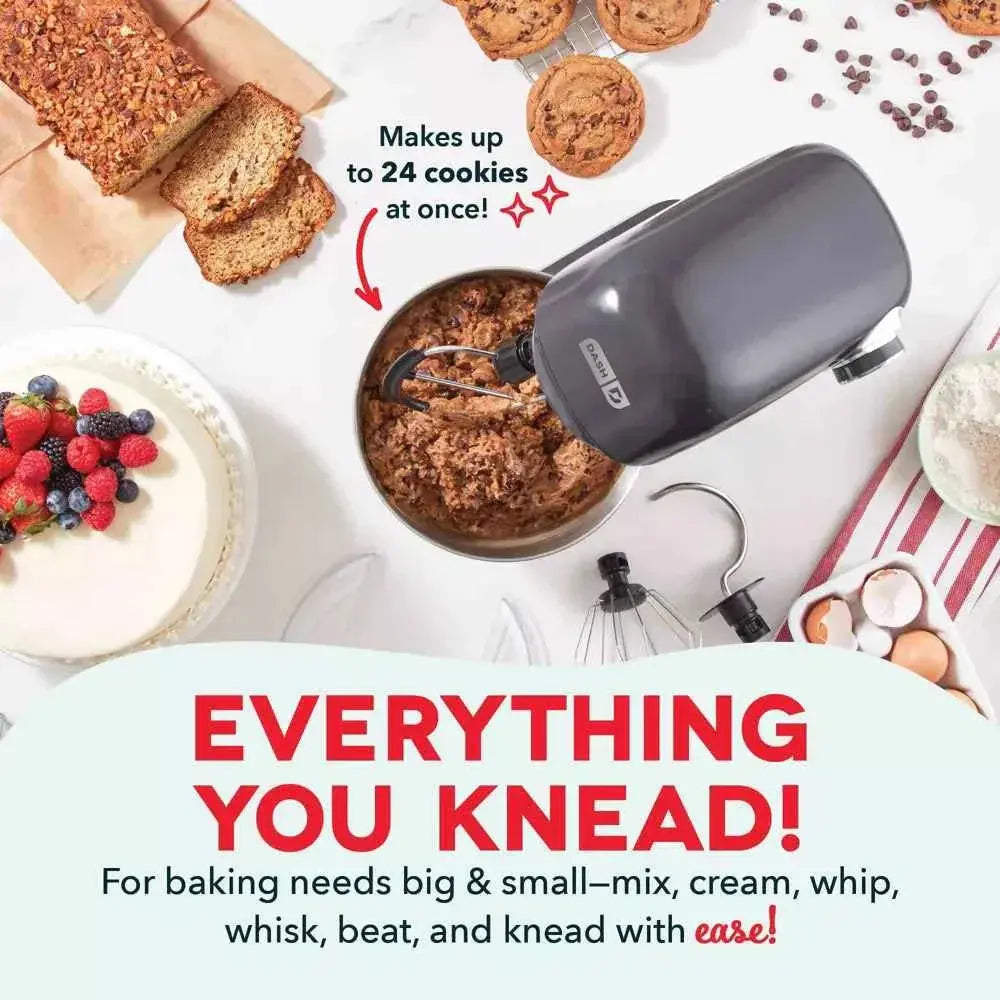 Dash Tilt Head 3.5QT 12-speed stand mixer with stainless steel bowl and three attachments in cream color