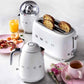 SMEG Electric Kettle 3D logo with 360˚ swivel base, auto-shutoff, water-level indicators, gentle steam release, and removable filter