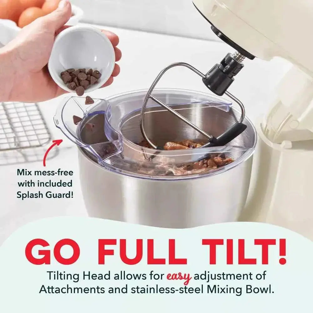 Dash Tilt Head 3.5qt 12-speed stand mixer in cream with stainless steel bowl and three attachments