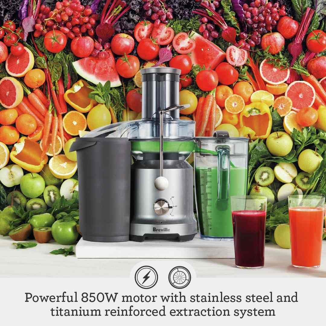 Breville Juice Fountain Cold Juicer silver model with 70-oz jug and micro-mesh filter for nutrient-rich juice