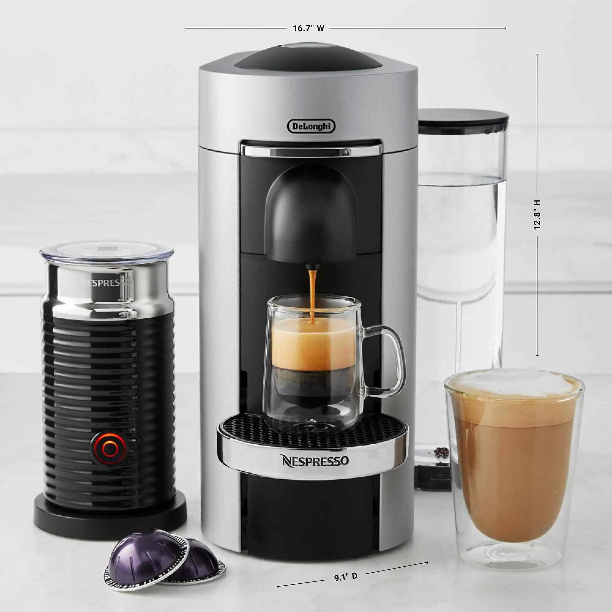 Nespresso VertuoPlus Deluxe coffee maker with Aeroccino milk frother and sleek chrome design