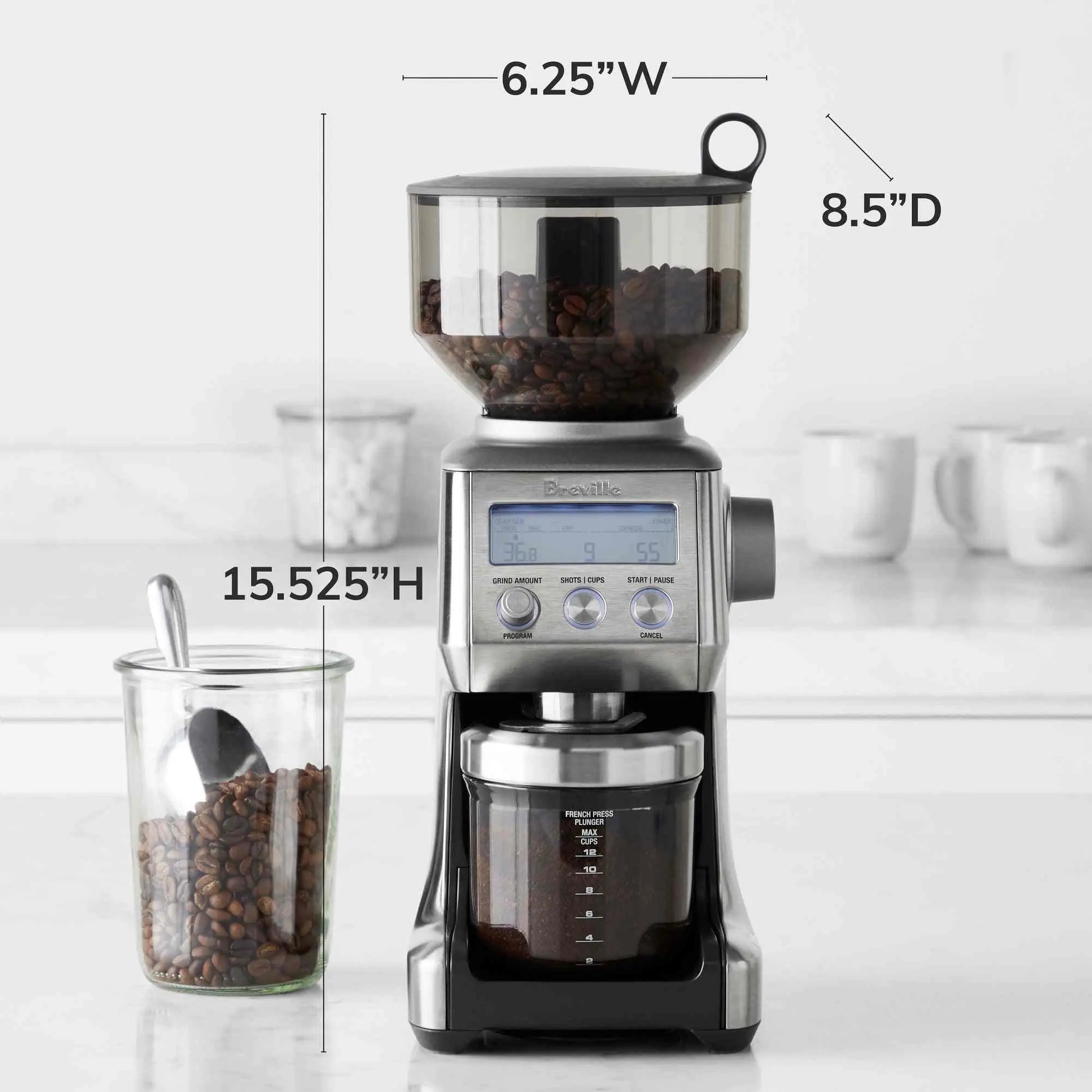 Breville Smart Grinder Pro stainless steel coffee bean grinder with LCD screen and 60 grind settings