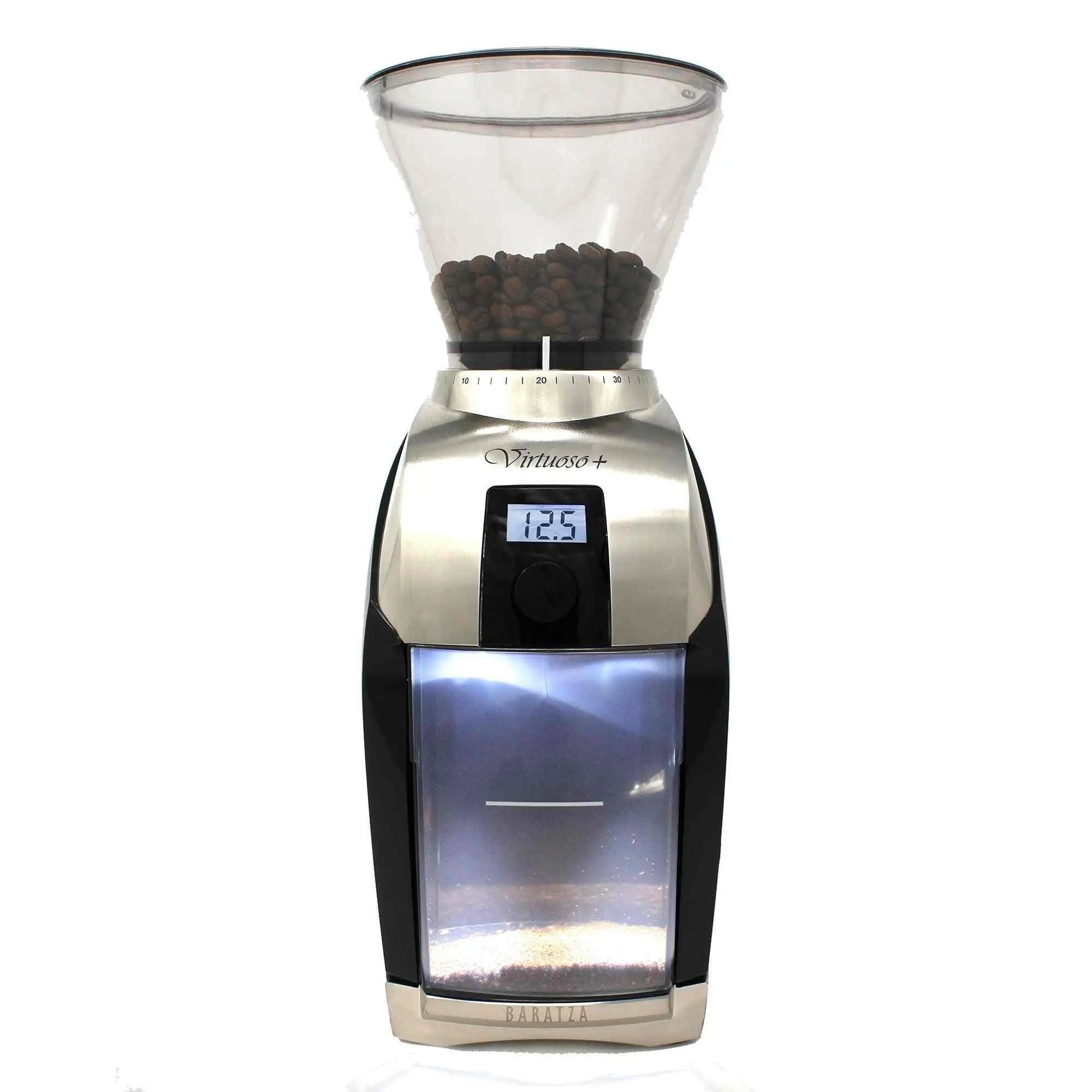 Baratza Virtuoso+ coffee grinder with digital timer and conical burrs for precise brewing