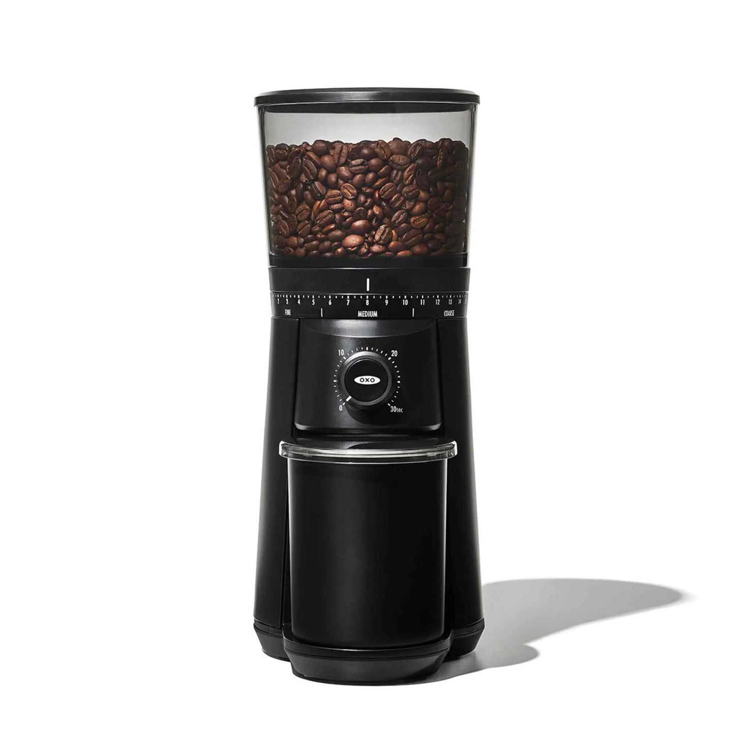 OXO Brew Conical Burr Coffee Grinder with stainless-steel burrs and 15 grind settings, UV-blocking hopper, and one-touch timer for fresh coffee beans.