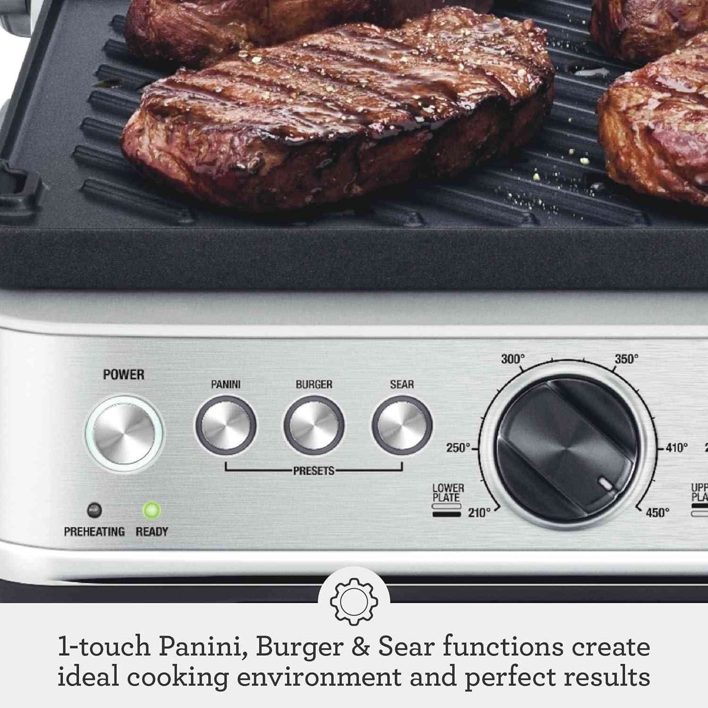 Breville BGR700BSS electric grill with one-touch presets, reversible ceramic plates, and BBQ mode on countertop