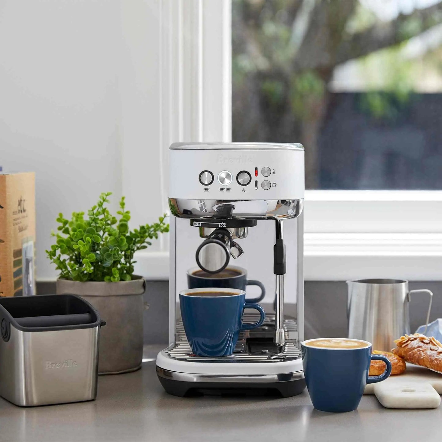 Breville Bambino Plus espresso machine with brushed stainless steel finish and compact design