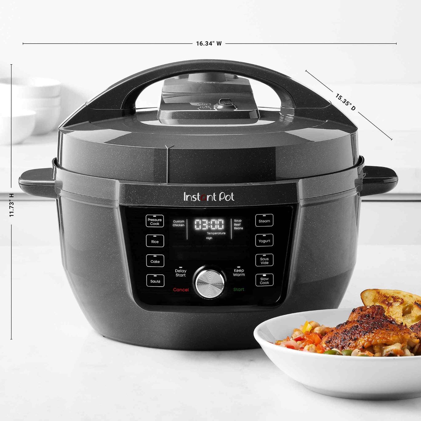 Instant Pot RIO Wide Plus 7.5-Qt pressure cooker with wide base, 9-in-1 functions, customizable smart programs, and whisper-quiet steam release