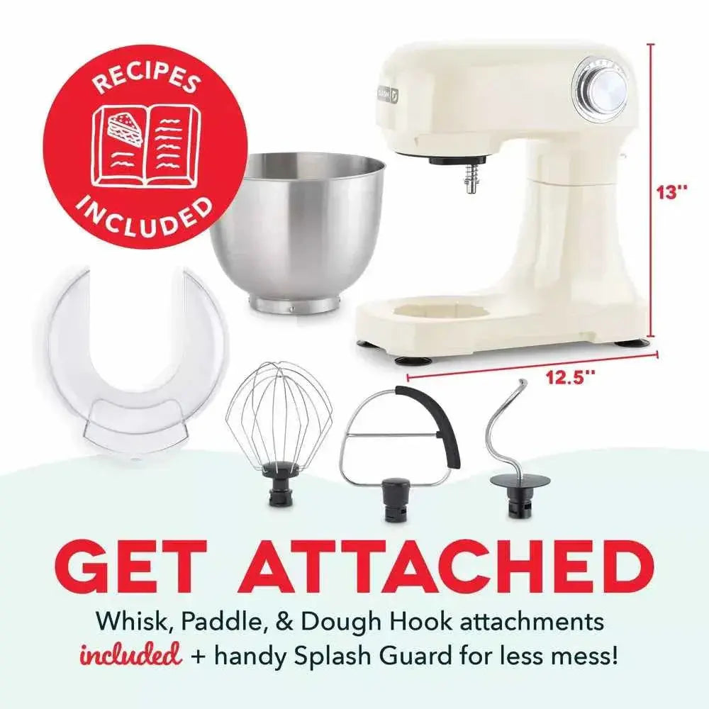 Dash Tilt Head 3.5qt 12-speed cream stand mixer with stainless steel bowl and attachments