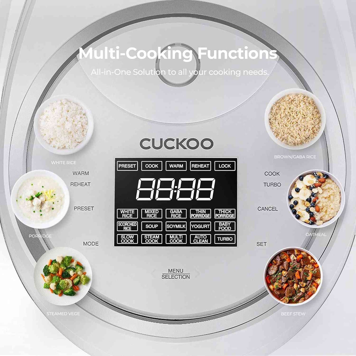 Cuckoo CR-1020FW 10-cup rice cooker with 16 menu options and LED touch panel