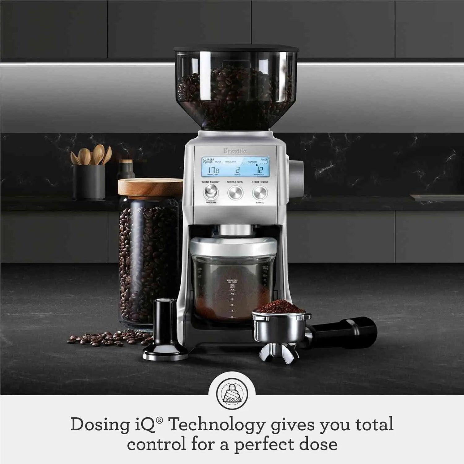 Breville Smart Grinder Pro stainless steel coffee bean grinder with 60 adjustable grind settings and LCD screen