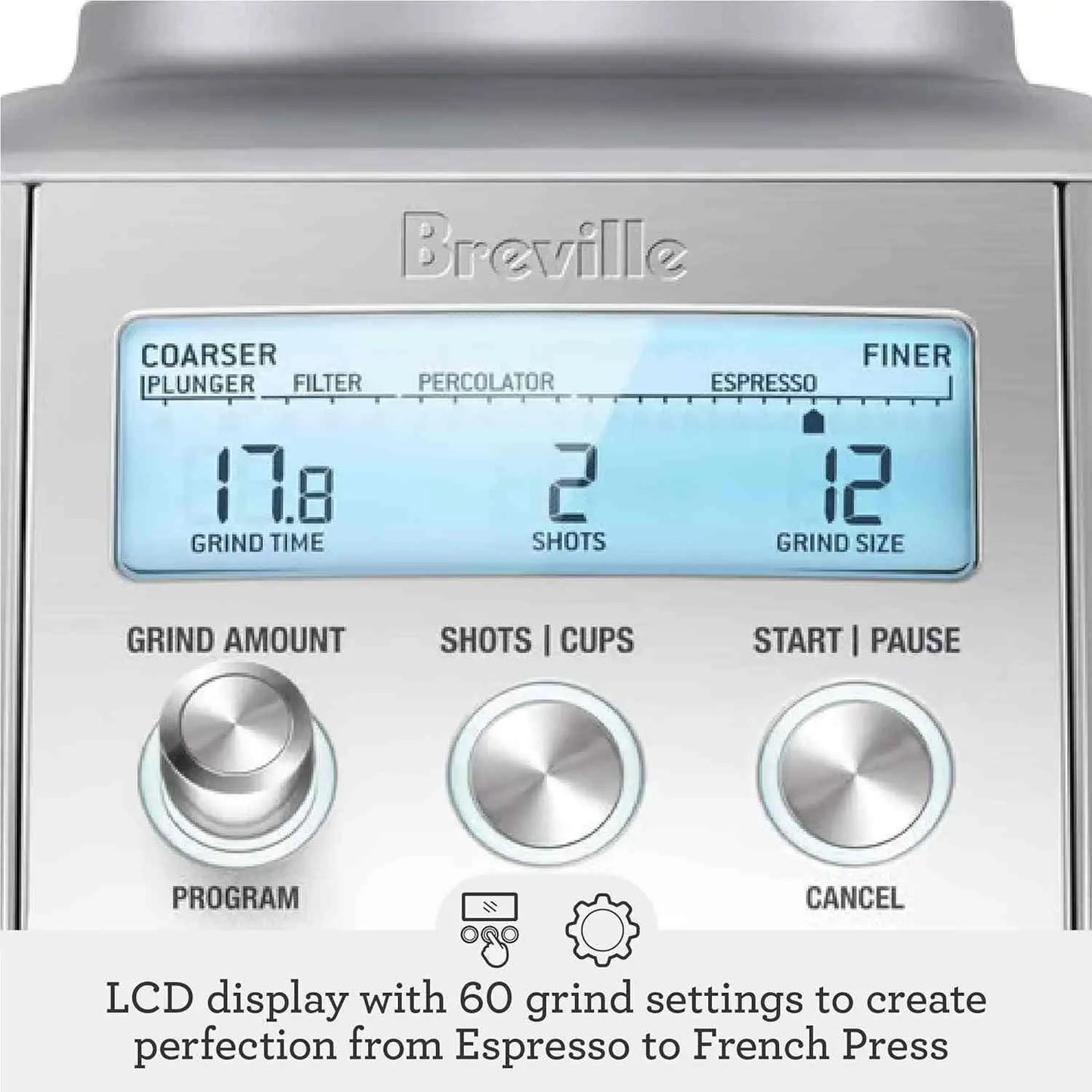 Breville Smart Grinder Pro stainless steel coffee grinder with LCD screen and 60 grind settings