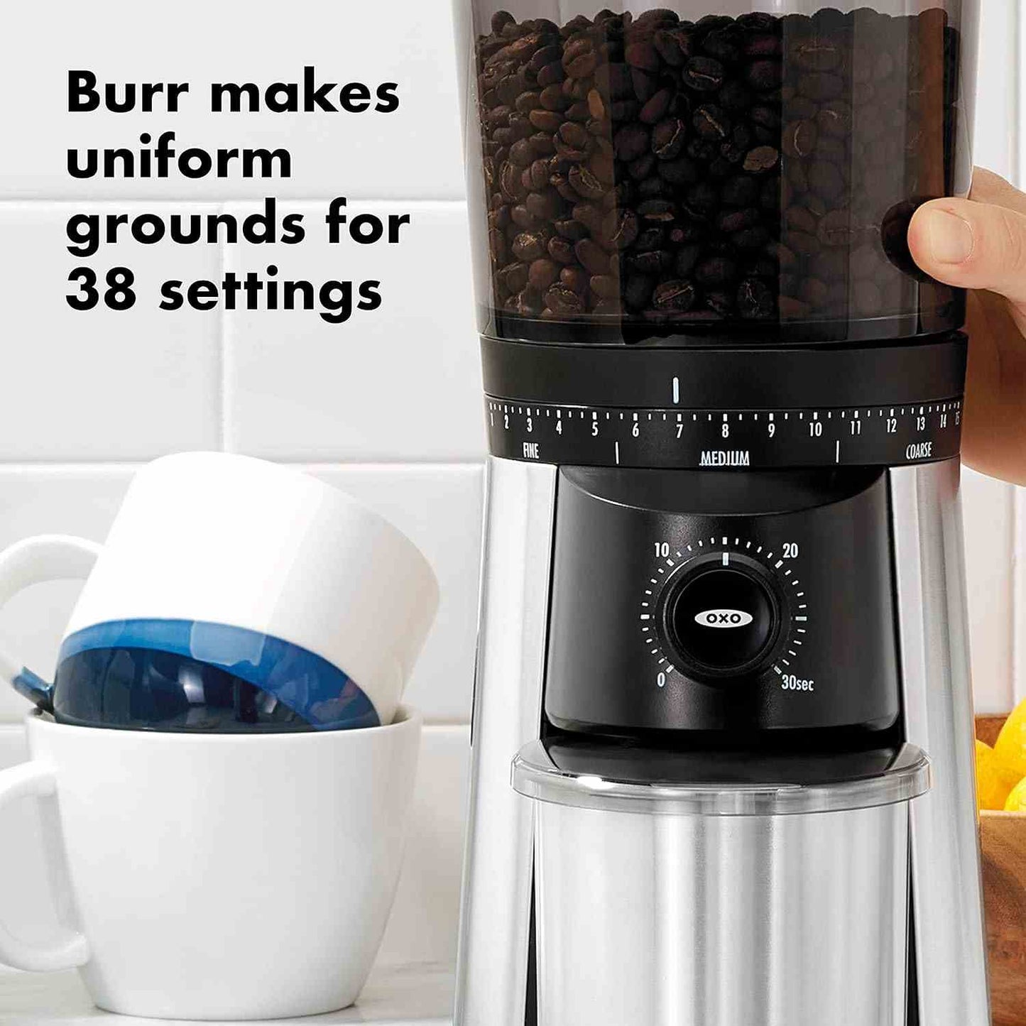 OXO Brew Conical Burr Coffee Grinder with 15 grind settings and stainless-steel burrs