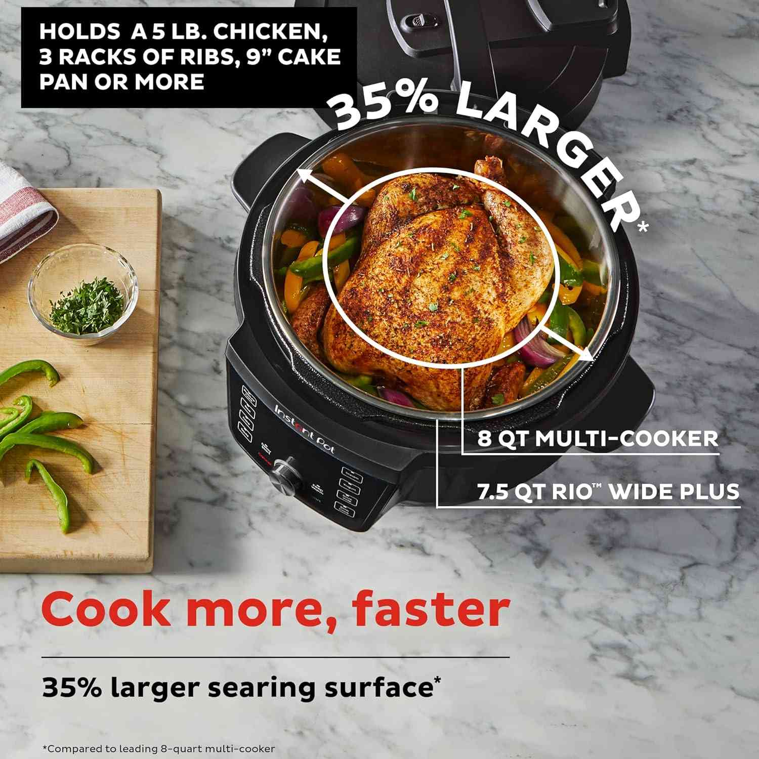 Instant Pot RIO Wide Plus 7.5-Qt pressure cooker with wide base, 9-in-1 functions, and smart cooking programs