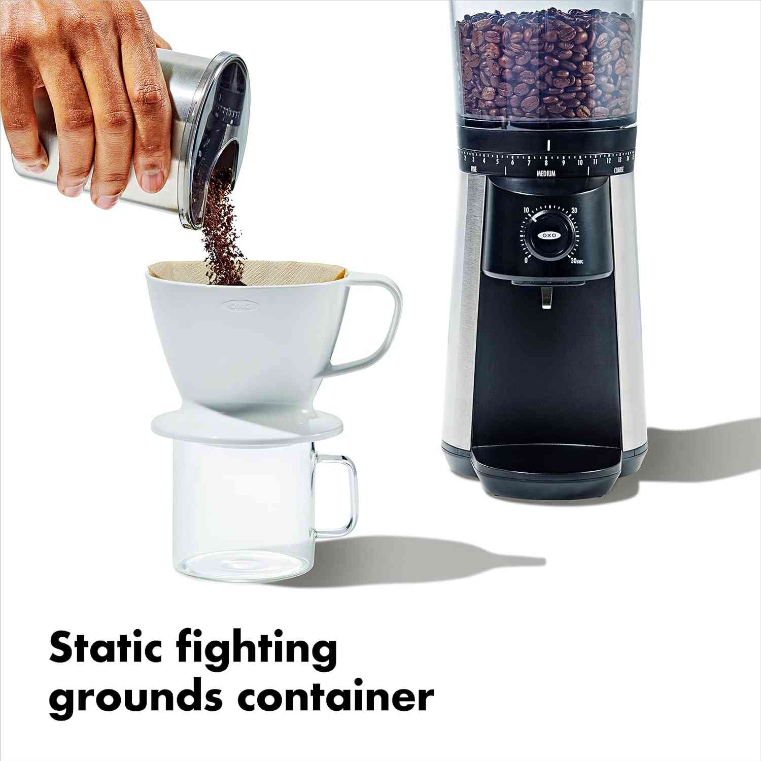 OXO Brew Conical Burr Coffee Grinder with stainless steel burrs and adjustable grind settings